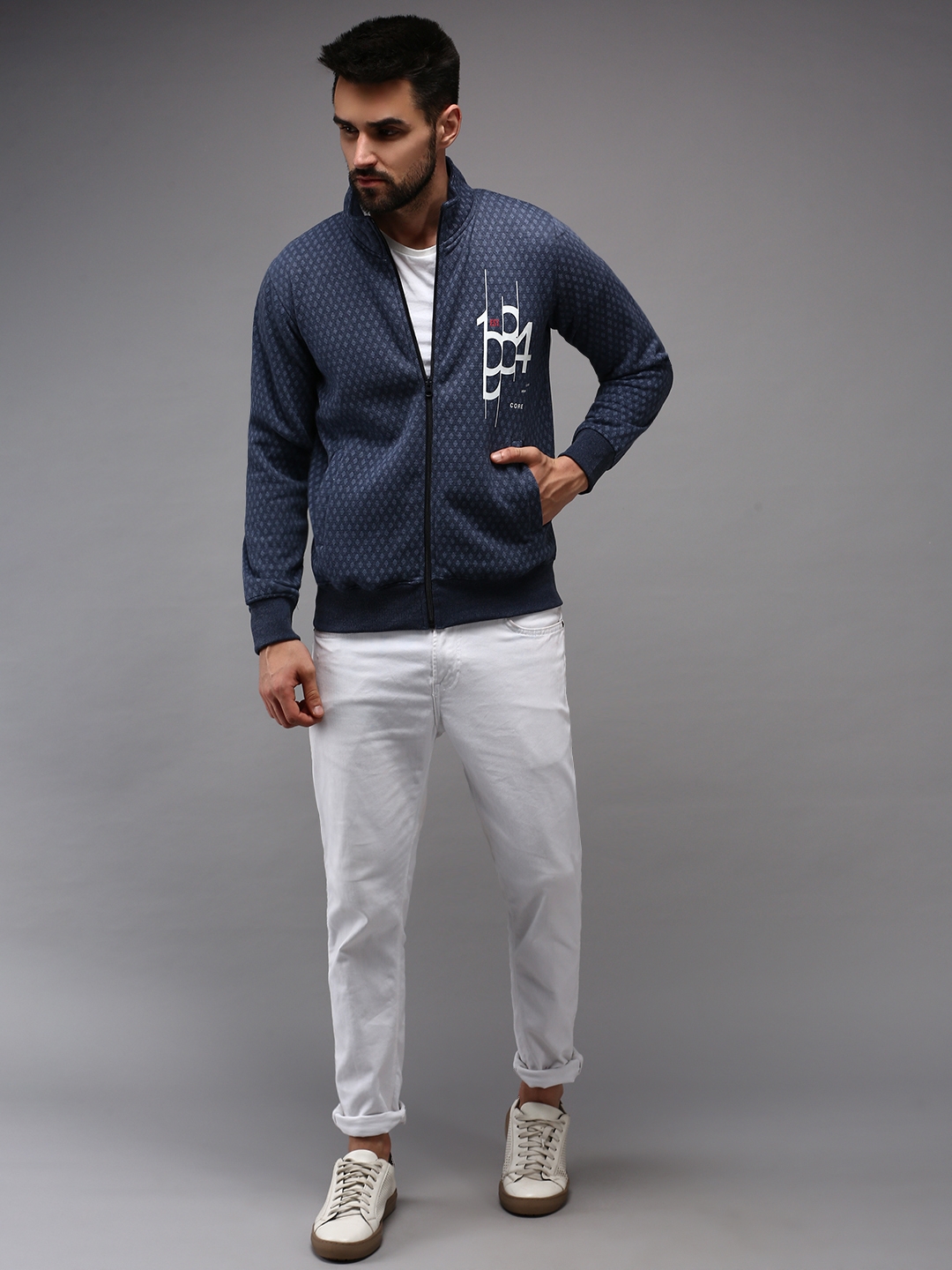Men's Blue Cotton Printed Activewear Jackets