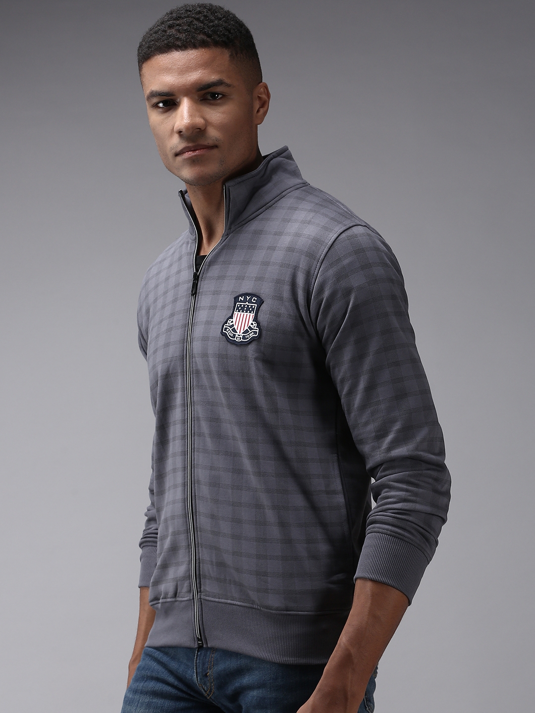 Men's Grey Cotton Checked Activewear Jackets