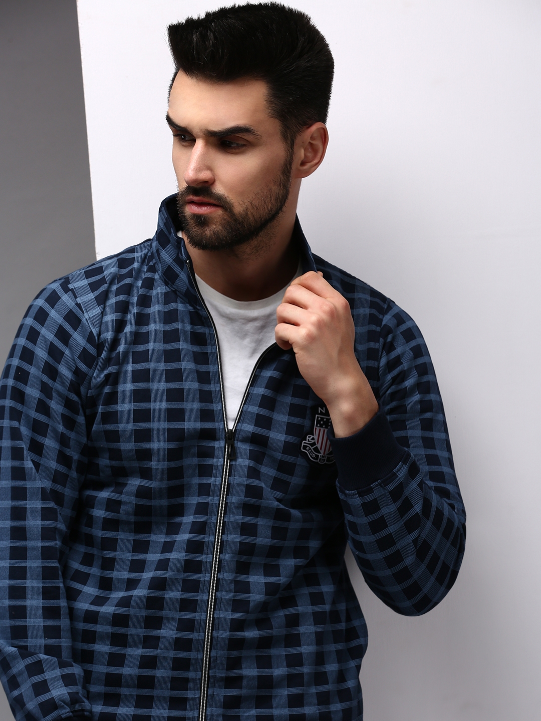 Men's Blue Cotton Checked Activewear Jackets