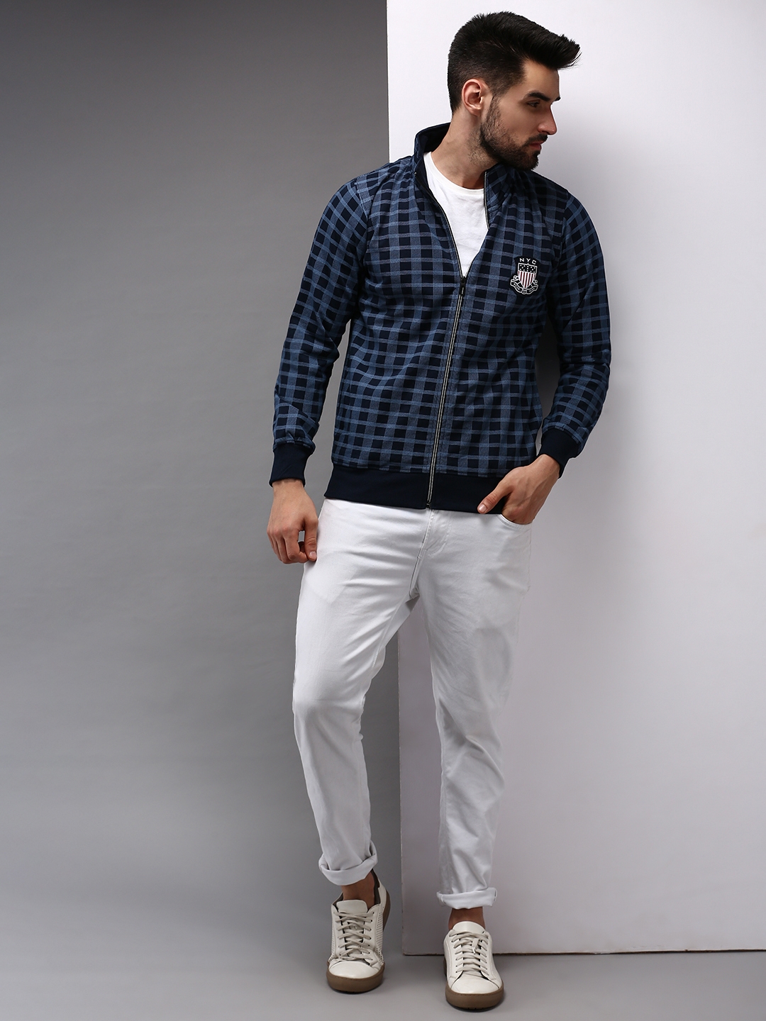 Men's Blue Cotton Checked Activewear Jackets