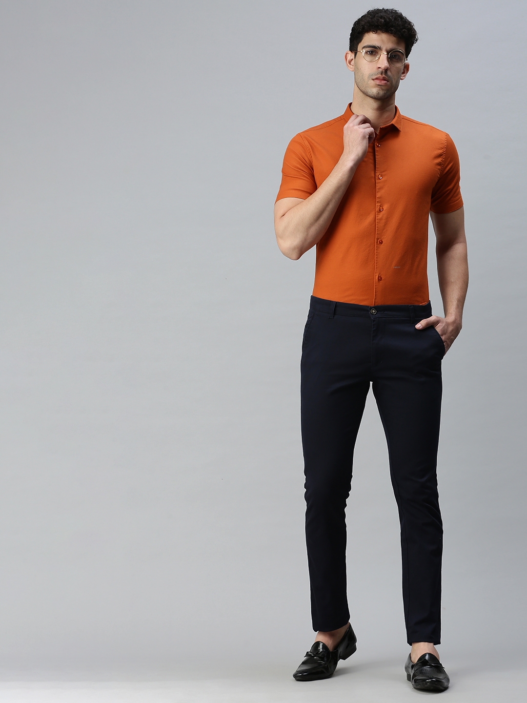 Men's Orange Cotton Solid Casual Shirts