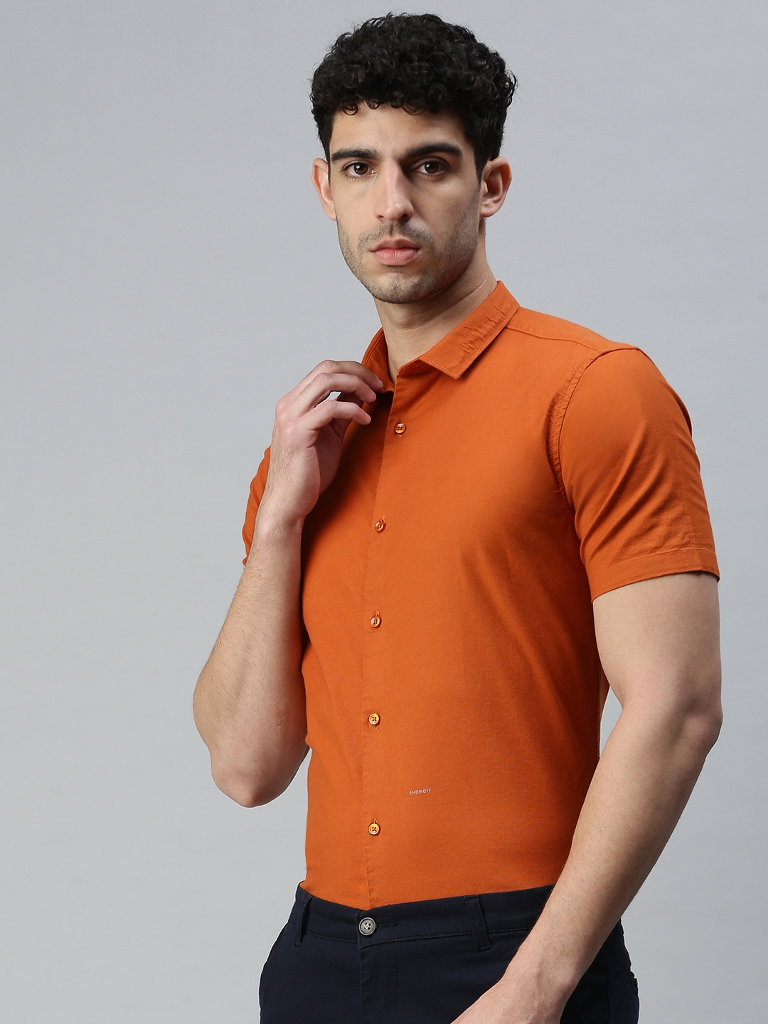 Men's Orange Cotton Solid Casual Shirts