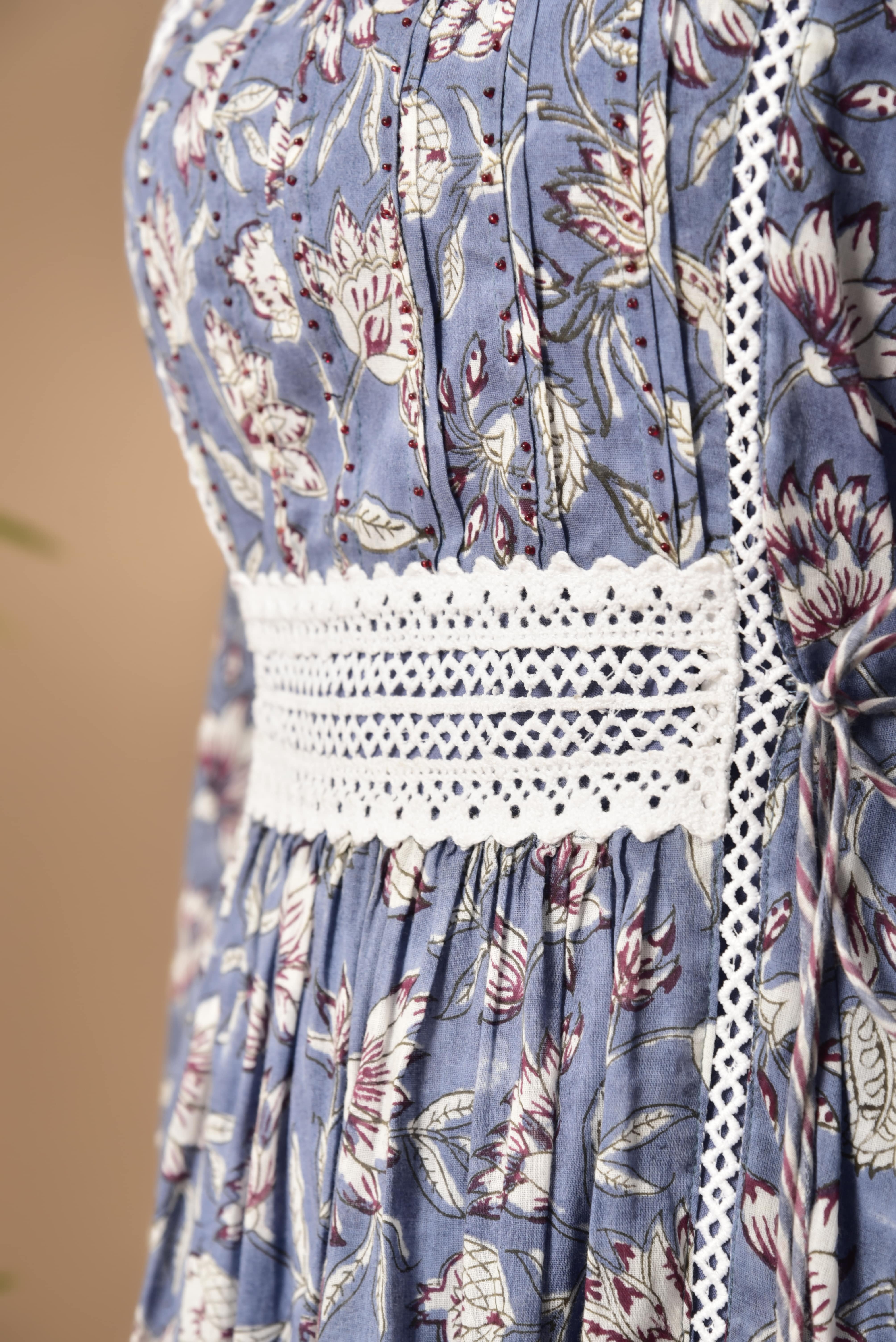 Block printed cotton dress with tassels
