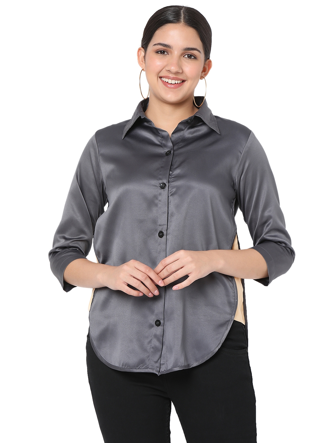 Smarty Pants | Smarty Pants women's silk satin grey color apple cut formal shirt.