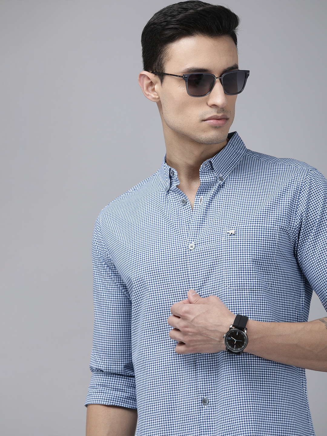 The Bear House | The Bear House Men Blue & White Checked Slim Fit Cotton Casual Shirt