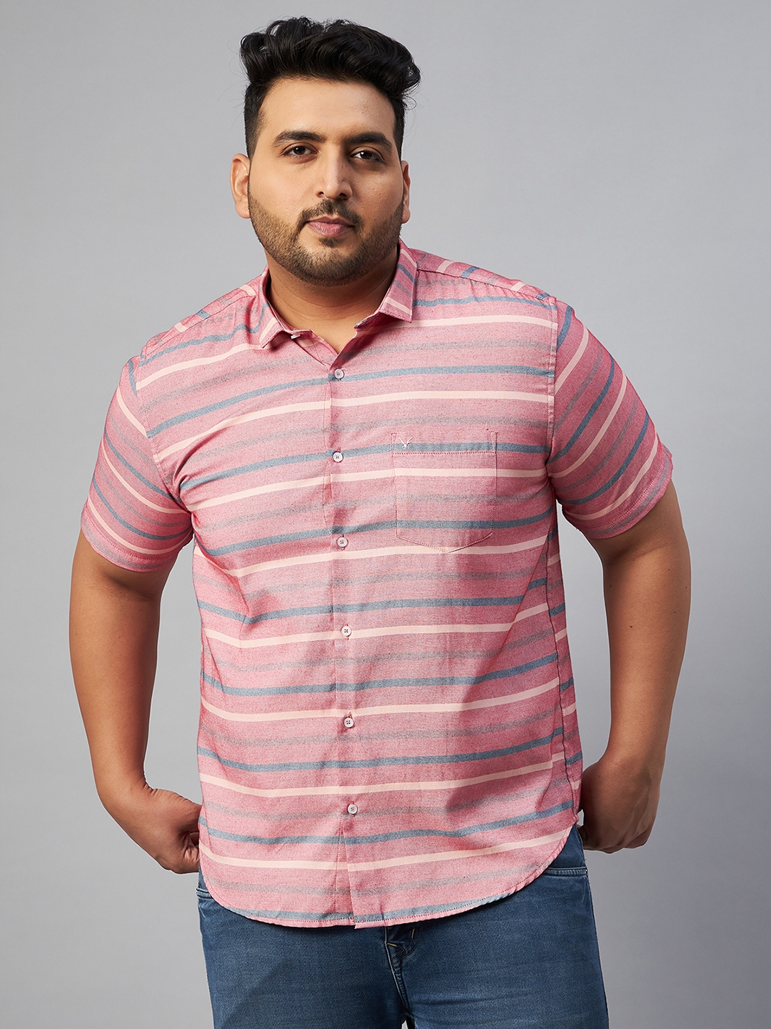 SHOWOFF Plus Men's Classic Fit Cotton Pink Horizontal Stripes Shirt