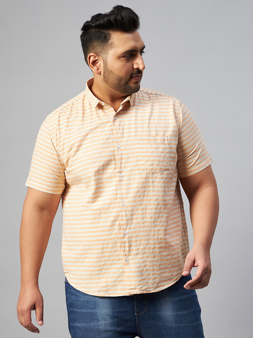 SHOWOFF Plus Men's Classic Fit Cotton Orange Horizontal Stripes Shirt