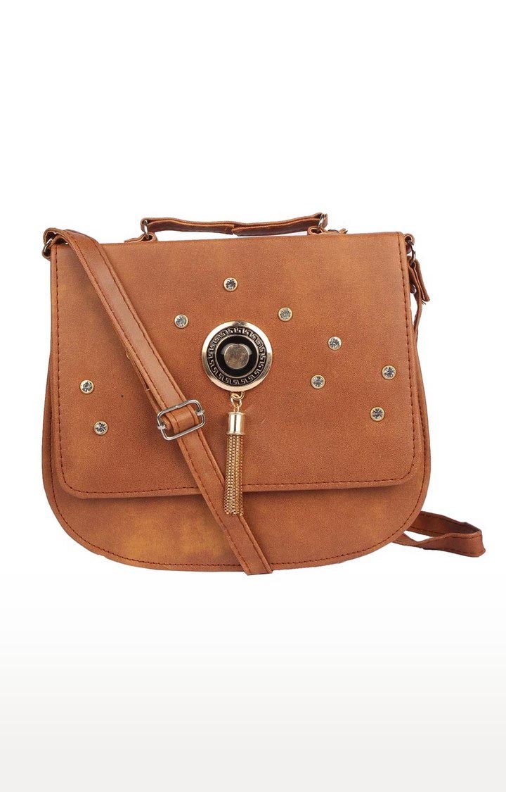 Aliado | Envie Faux Leather Coffee Brown Embellished Magnetic Snap Sling Bag 
