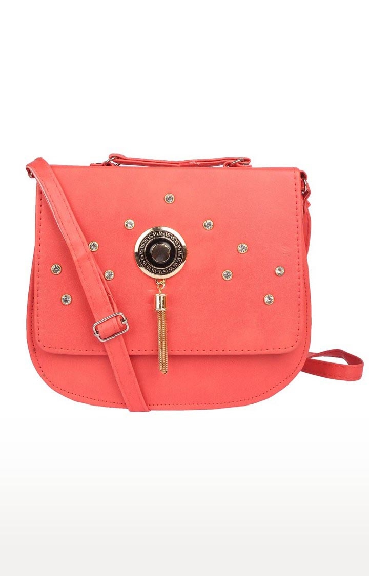 Aliado | Envie Faux Leather Peach Embellished Magnetic Snap Sling Bag 