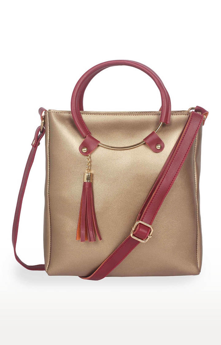 Aliado Polyester Gold & Maroon Zipper Closure Handbag 