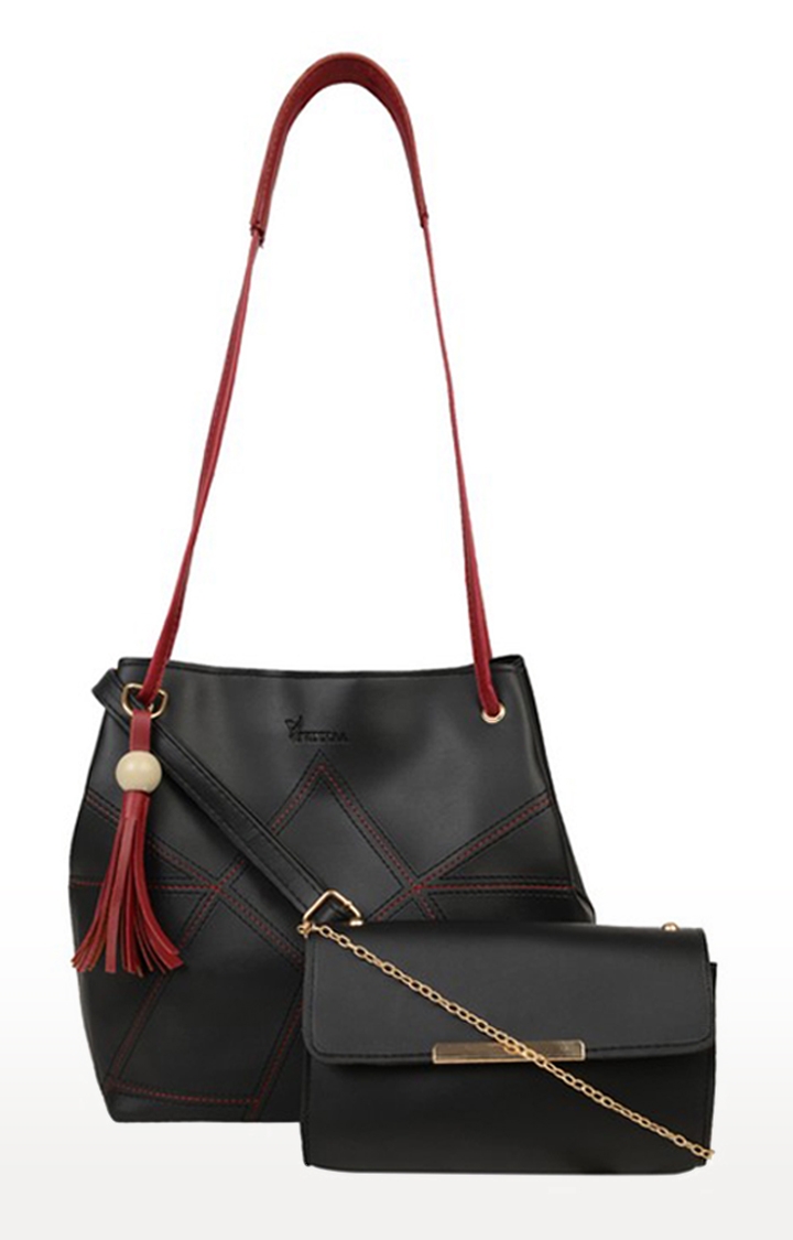 Vivinkaa | Vivinkaa Black Embroidered Leatherette Sling Bags - Set Of 2