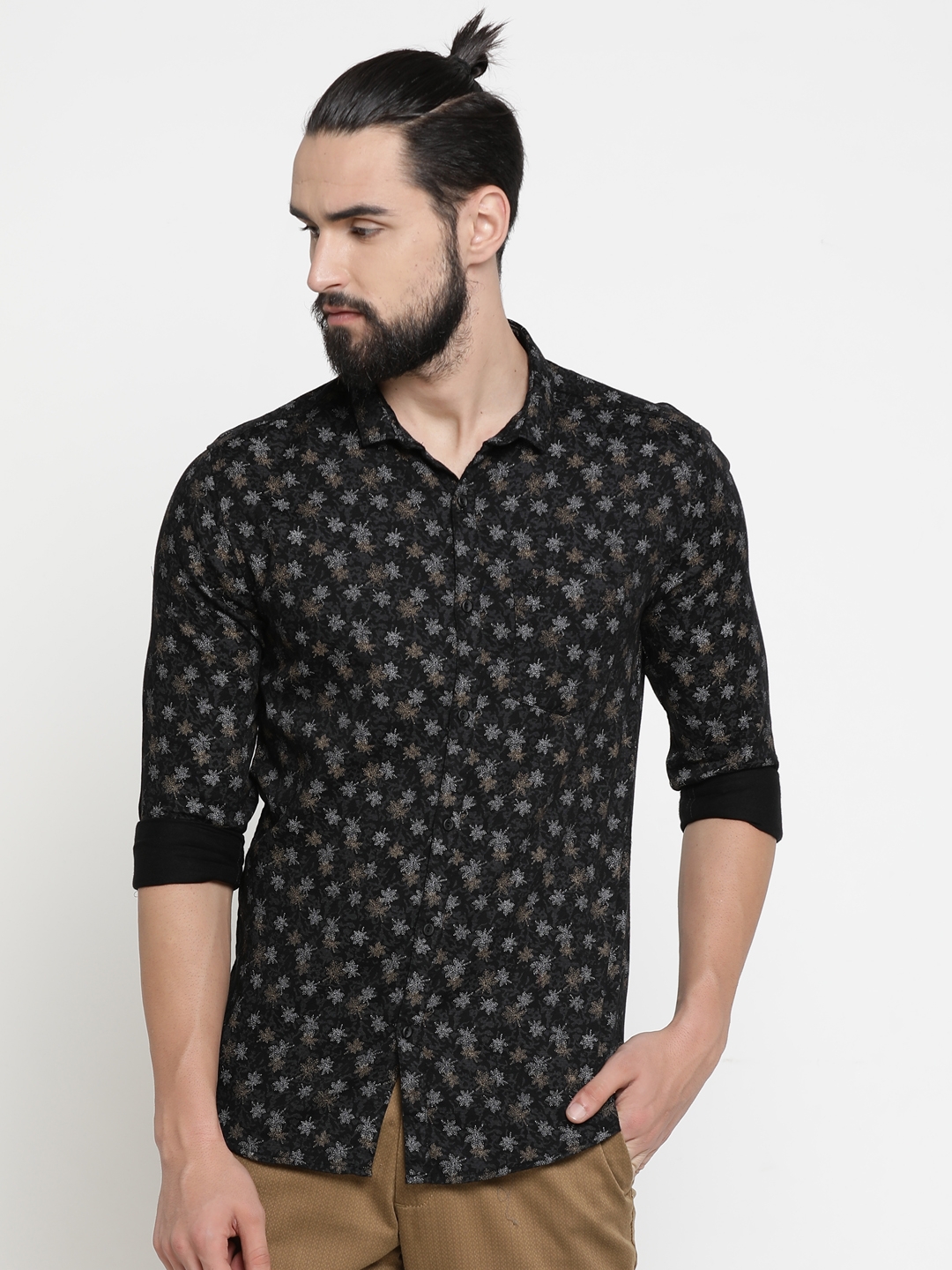 Showoff | Black Showoff Mens Cotton Printed Slim Casual Shirts