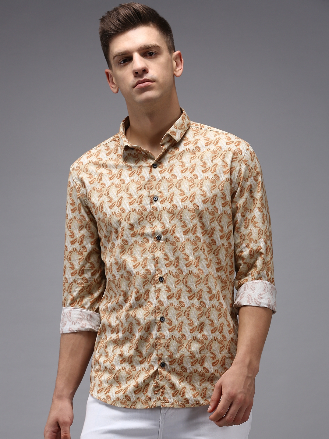 Men's Beige Cotton Printed Casual Shirts
