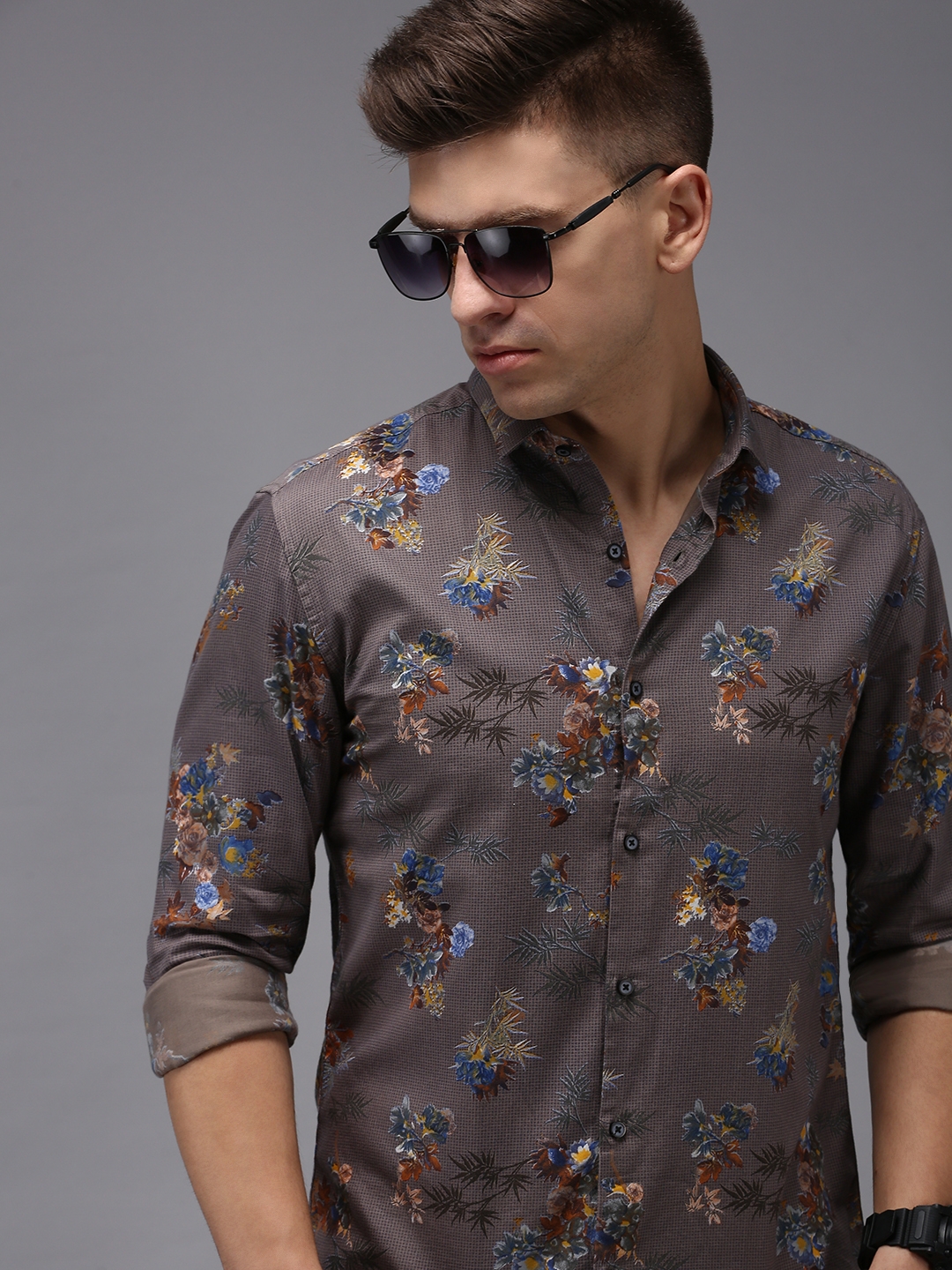 Showoff | SHOWOFF Men's Grey Spread Collar Floral Comfort Fit Shirt