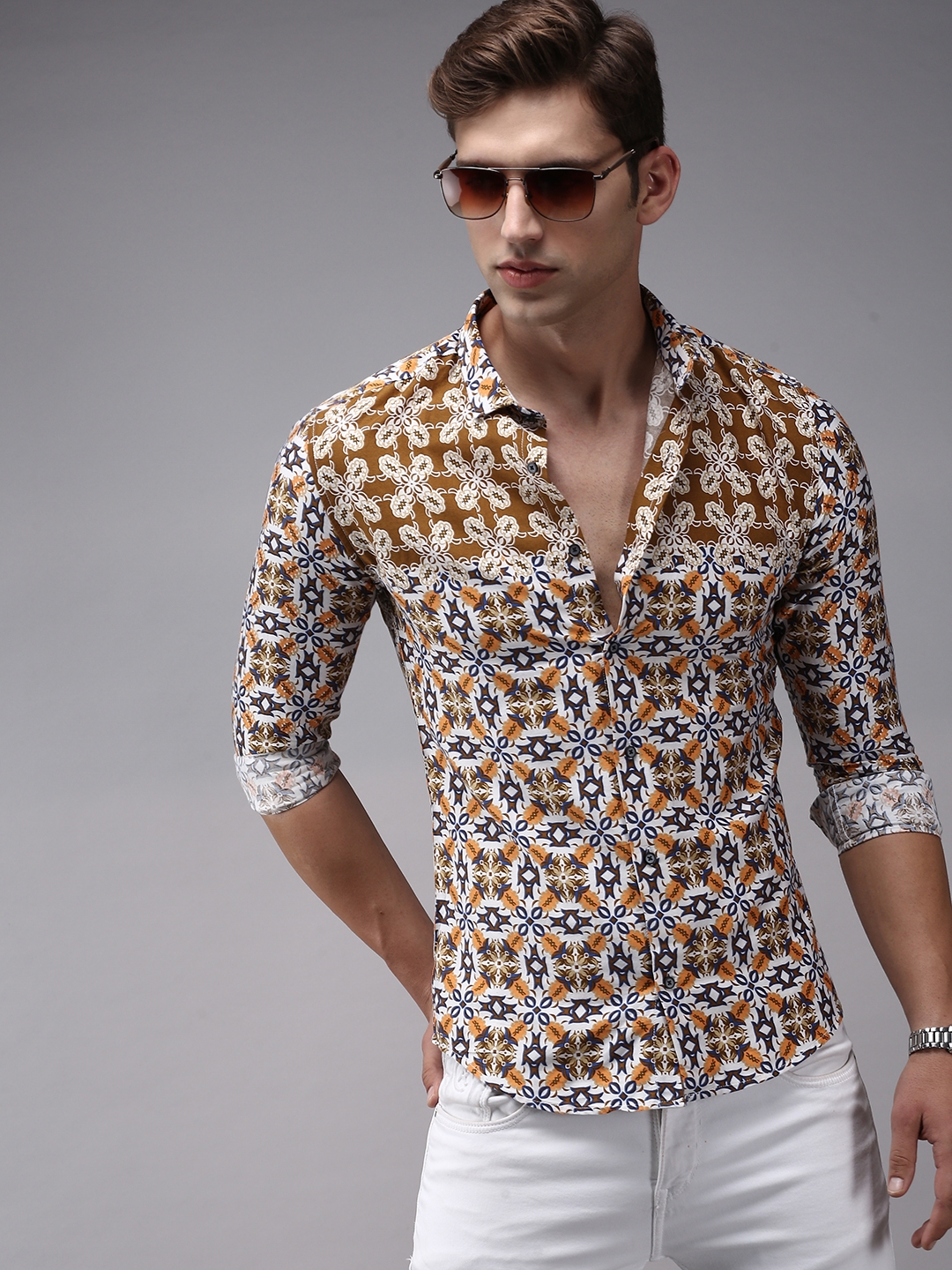 Showoff | SHOWOFF Men's Brown Spread Collar Ethnic Motifs Comfort Fit Shirt