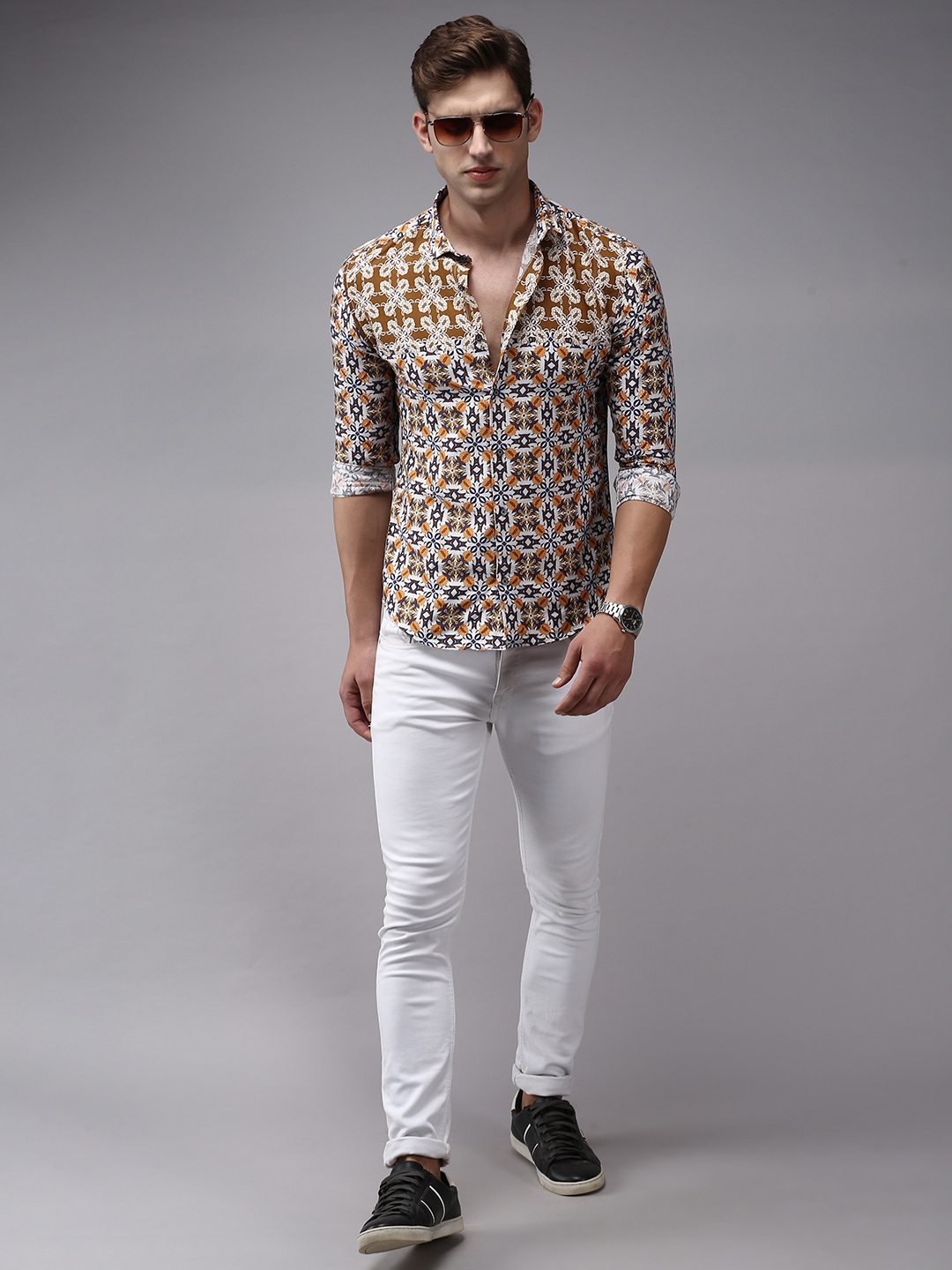Men's Brown Cotton Printed Casual Shirts