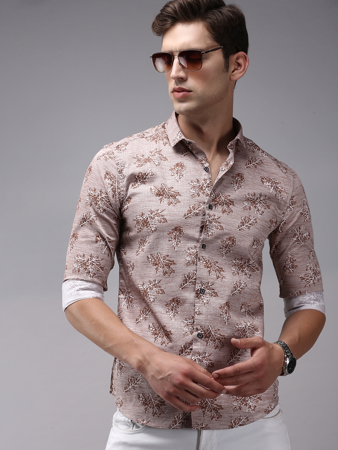 Showoff | SHOWOFF Men's Brown Spread Collar Conversational Comfort Fit Shirt