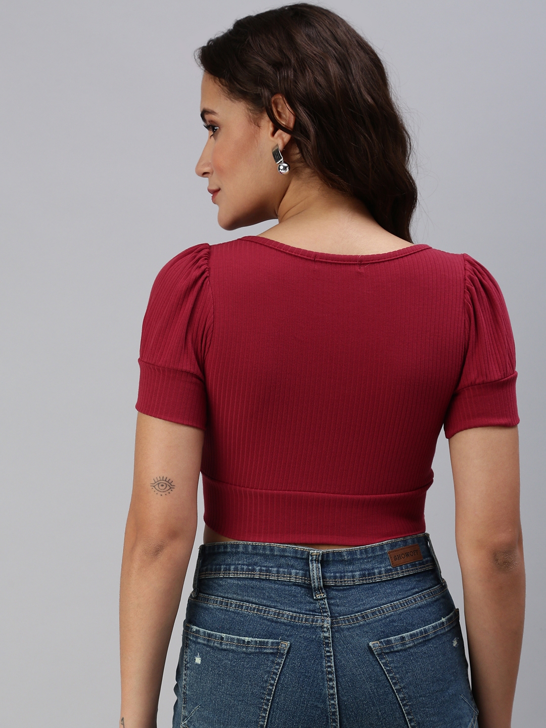 Women's Red Cotton Blend Solid Crop Top