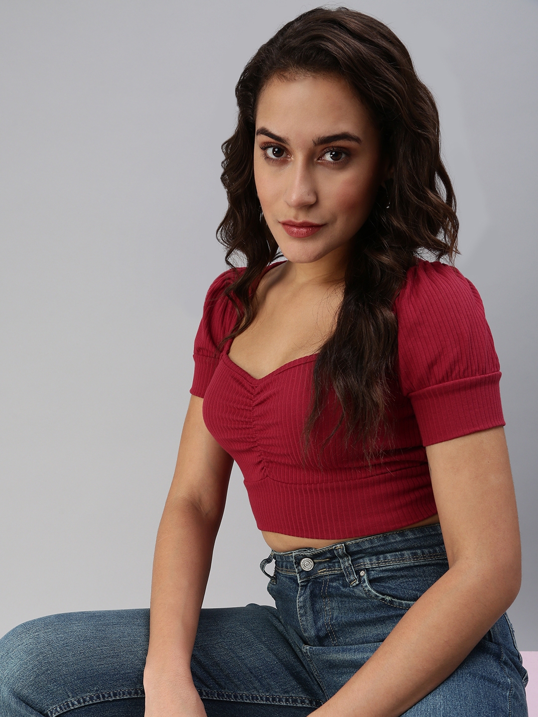 Women's Red Cotton Blend Solid Crop Top