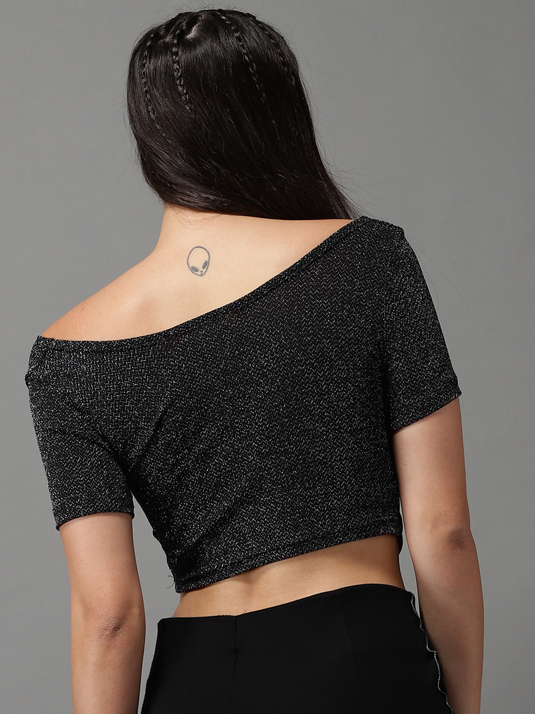 Women's Black Polyester Solid Crop Top