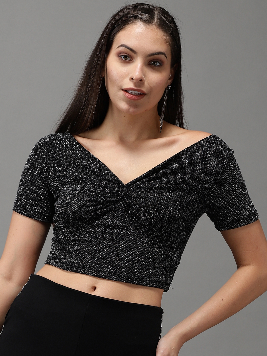 Women's Black Polyester Solid Crop Top