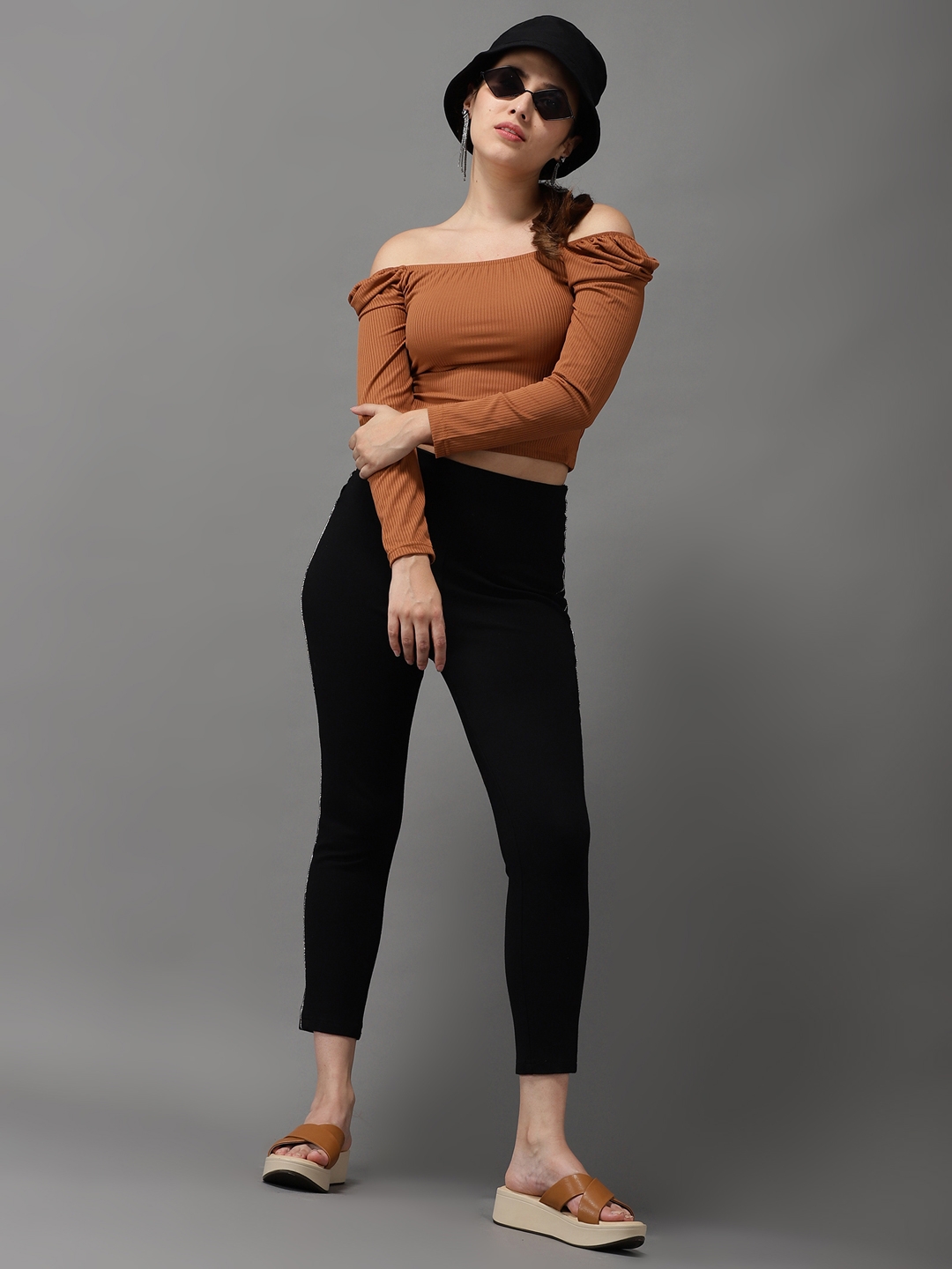 Women's Brown Polyester Solid Crop Top