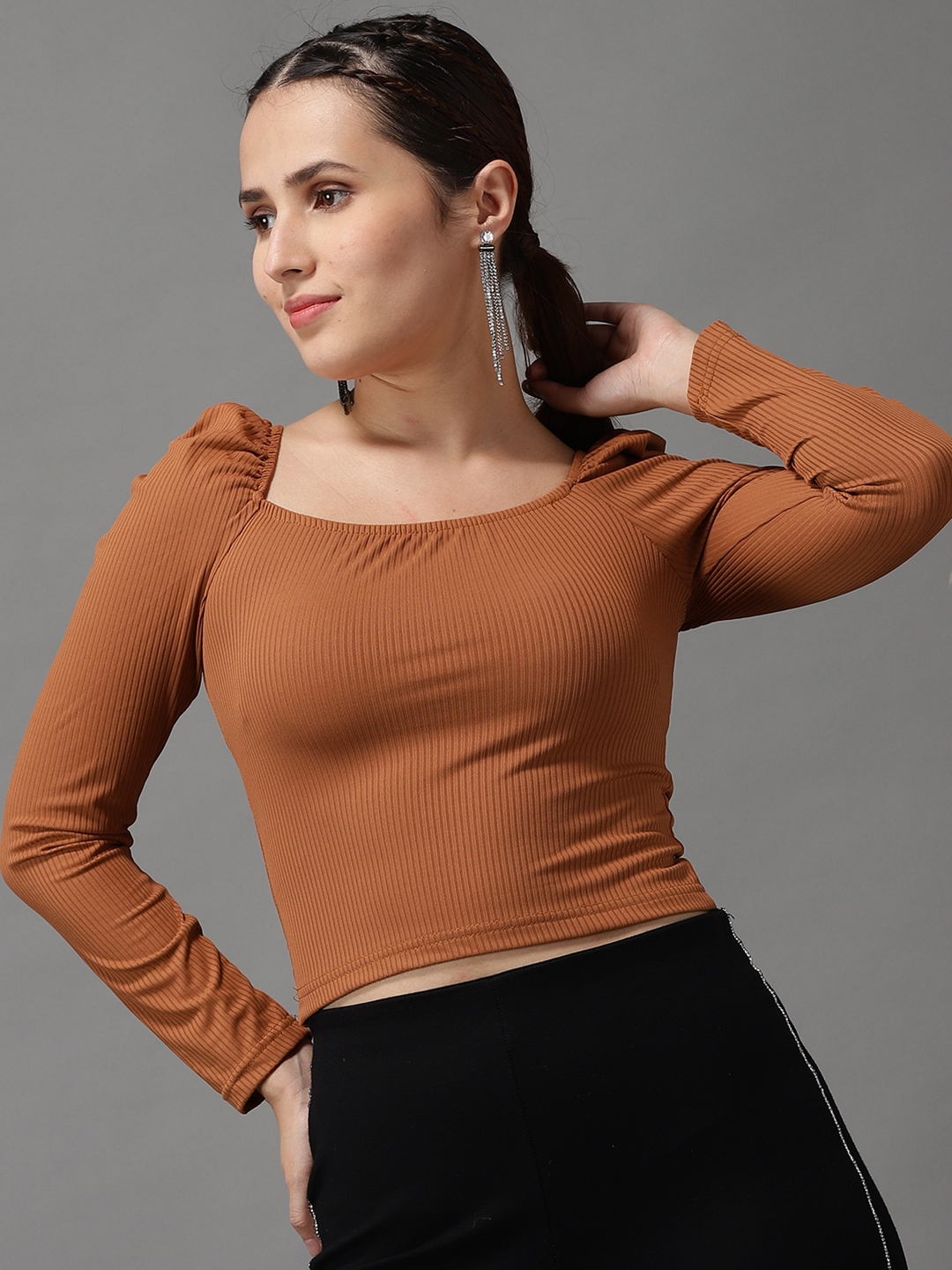 Women's Brown Polyester Solid Crop Top