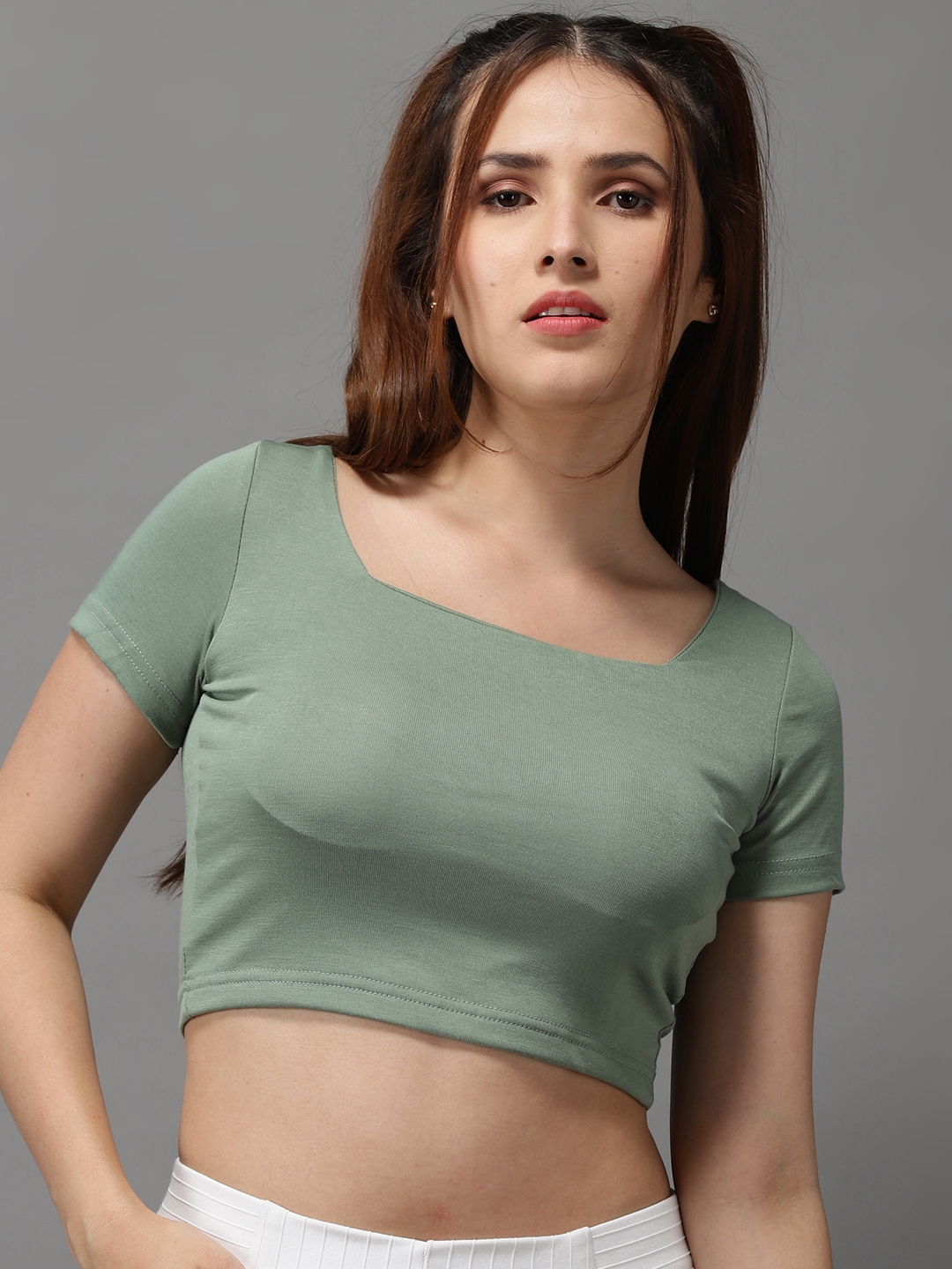 SHOWOFF Women's Scoop Neck Green Fitted Regular Top