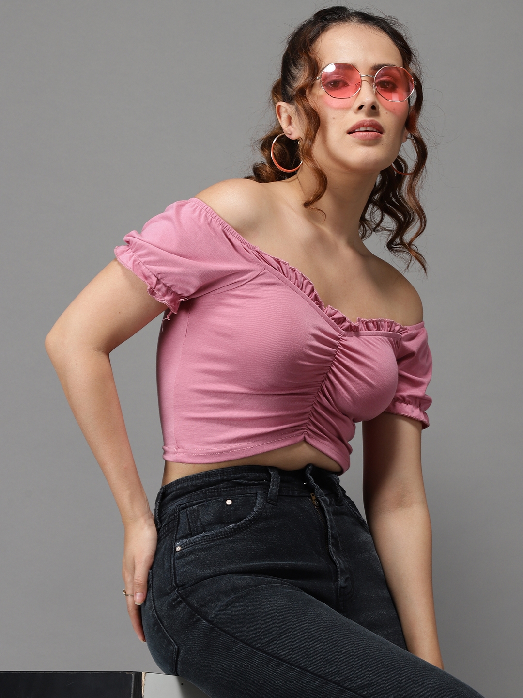 Women's Pink Polycotton Solid Crop Top