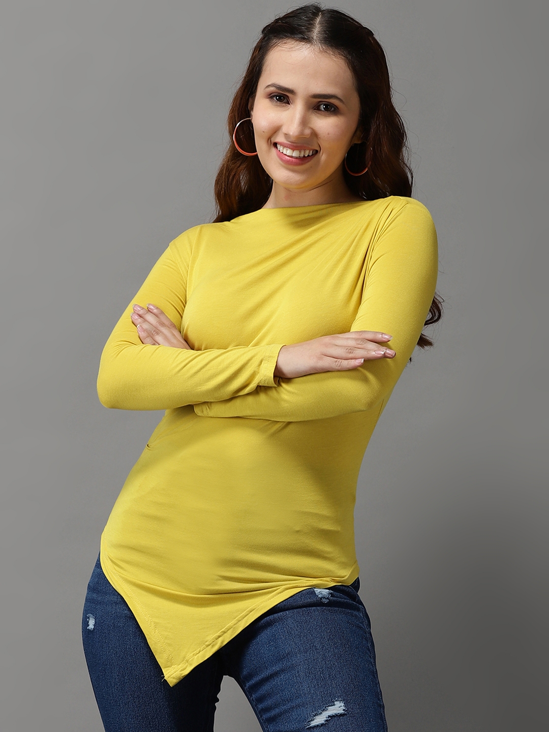 Women's Yellow Polycotton Solid Tops
