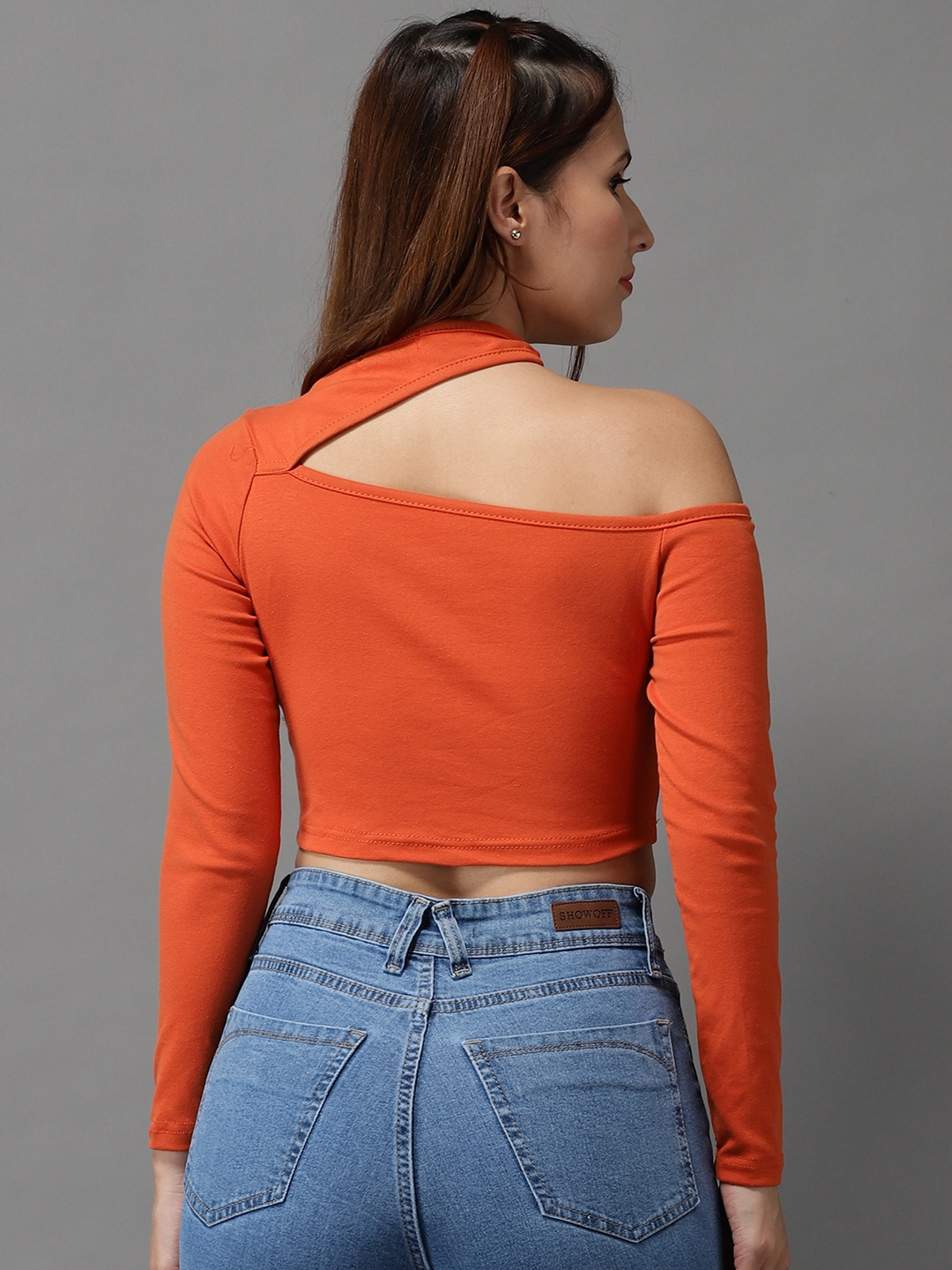 Women's Orange Cotton Blend Solid Crop Top
