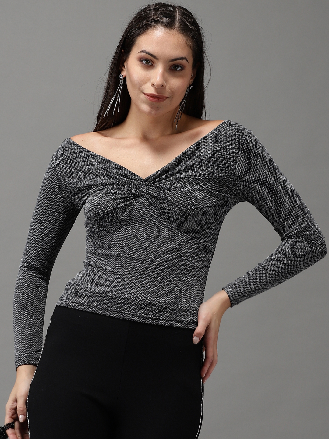 Women's Silver Polyester Solid Tops