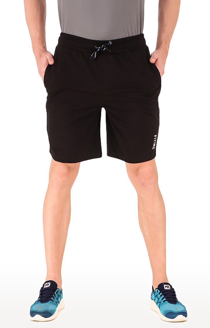 Fitinc Cotton Black Shorts for Men with Embroidery Logo