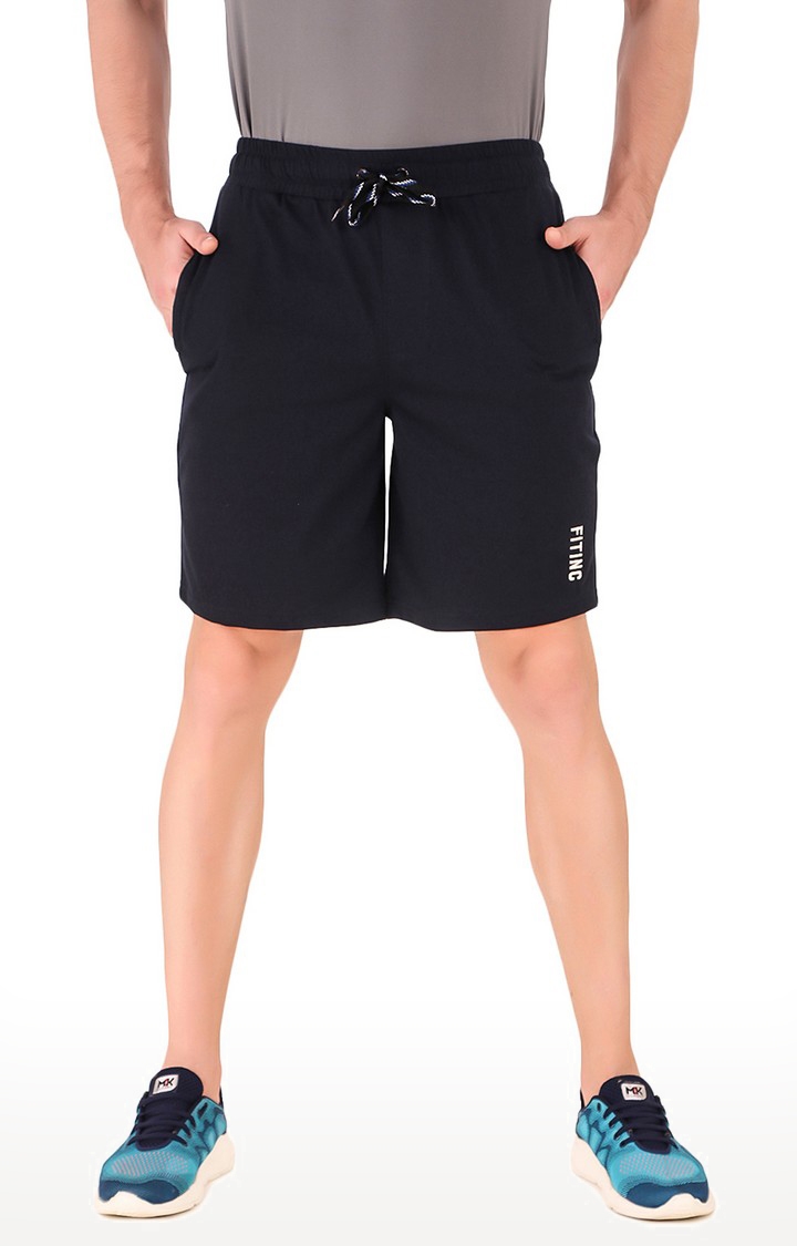 Fitinc Cotton Navy Blue Shorts for Men with Embroidery Logo