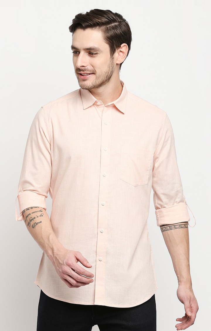 EVOQ | Evoq Peach Solid Colour Cotton- Linen Causal Shirt for Men