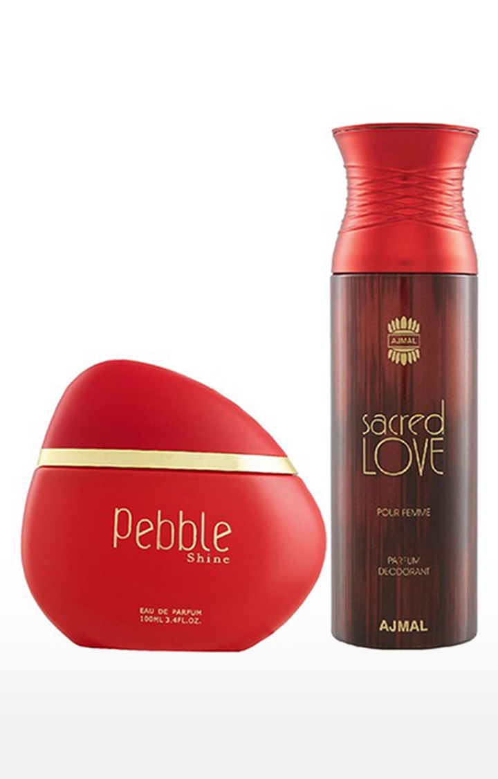 Maryaj Pebble Shine Eau De Parfum Fruity Perfume 100ml for Women and Ajmal Sacred Love Deodorant Musky Fragrance 200ml for Women