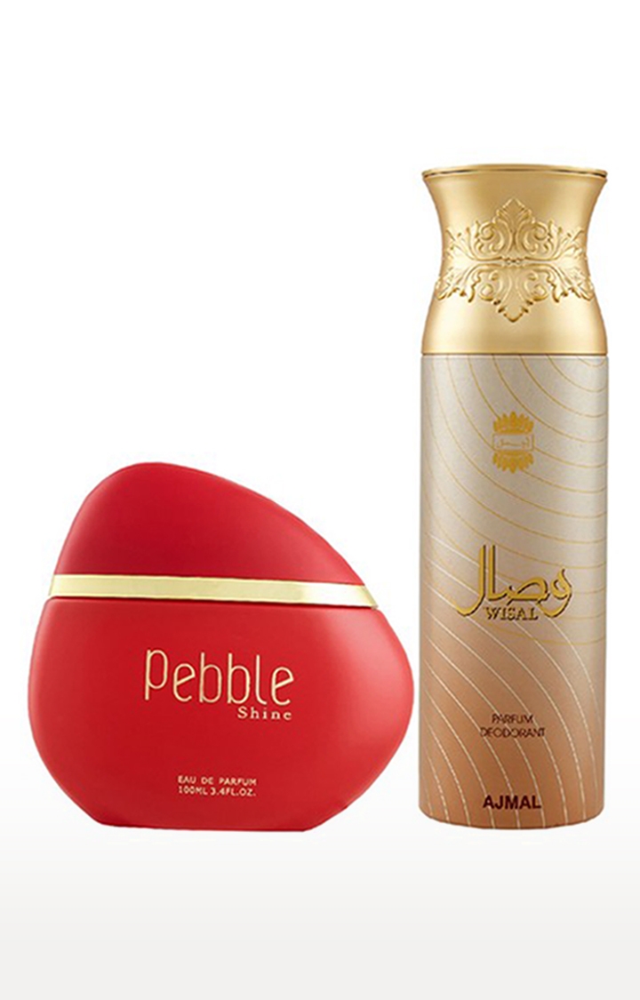 Maryaj Pebble Shine Eau De Parfum Fruity Perfume 100ml for Women and Ajmal Wisal Deodorant Musky Fragrance 200ml for Women