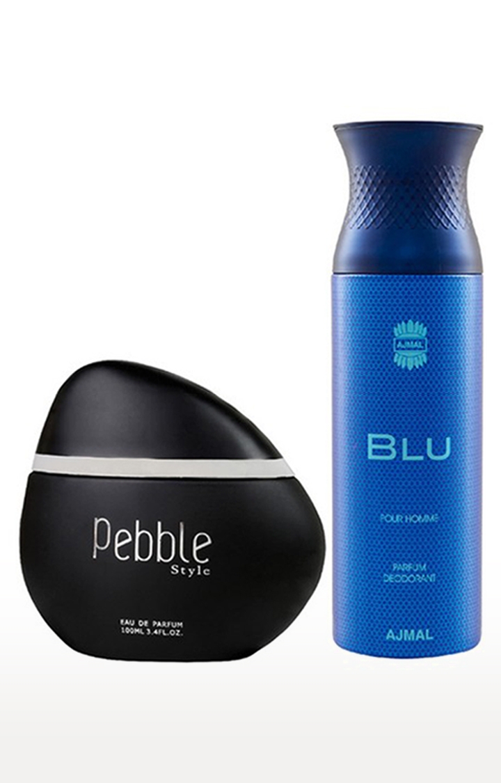 Maryaj Pebble Style Eau De Parfum Perfume 100ml for Men and Ajmal Blu Homme Deodorant Aquatic Fragrance 200ml for Men