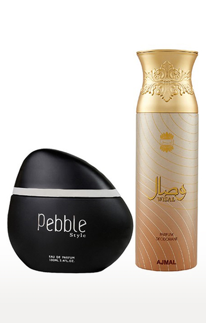 Maryaj Pebble Style Eau De Parfum Perfume 100ml for Men and Ajmal Wisal Deodorant Musky Fragrance 200ml for Women