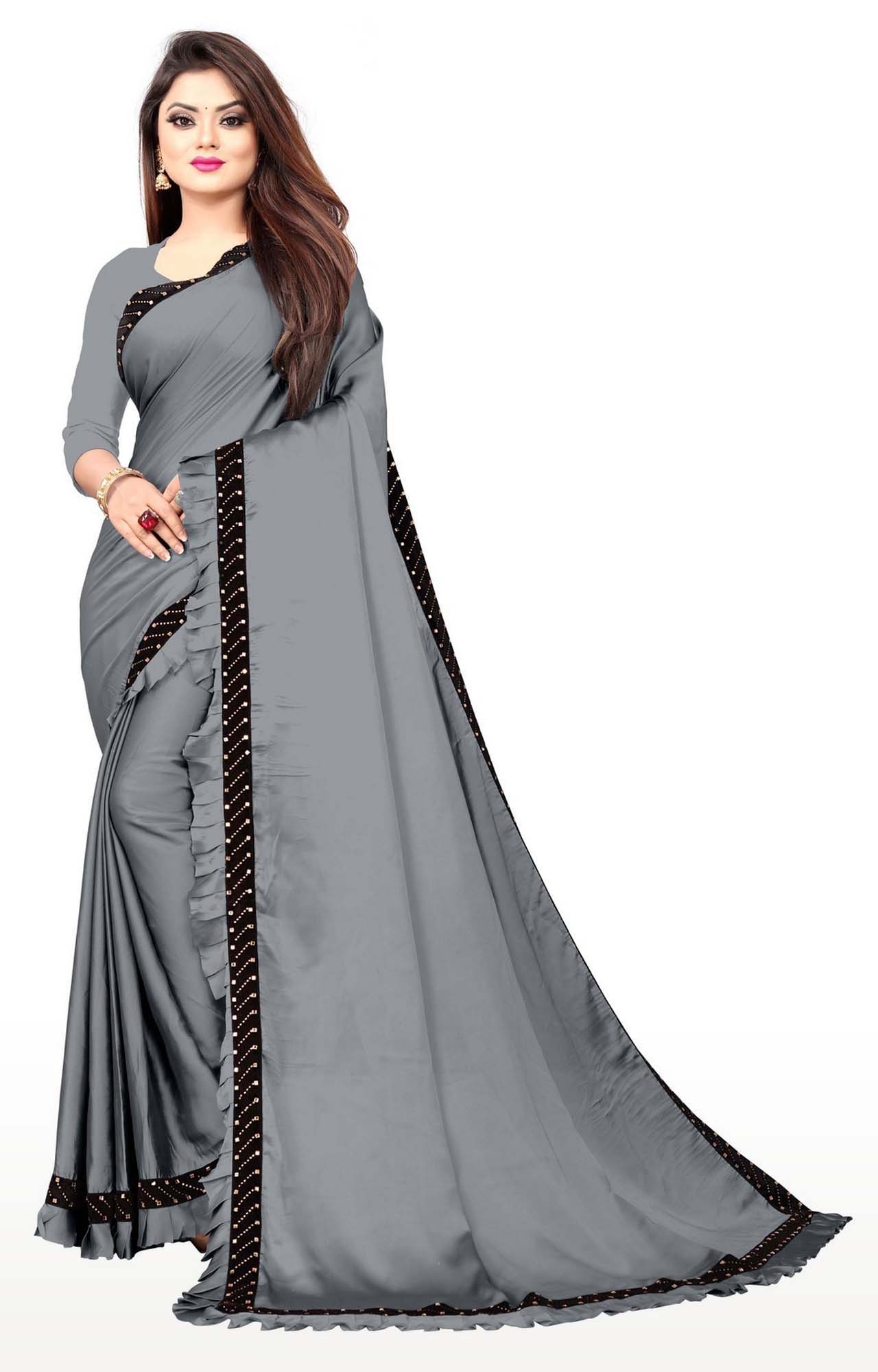 AWRIYA | Awriya Women's Silk Ruffle Saree With Diamond Work - Pencil Grey