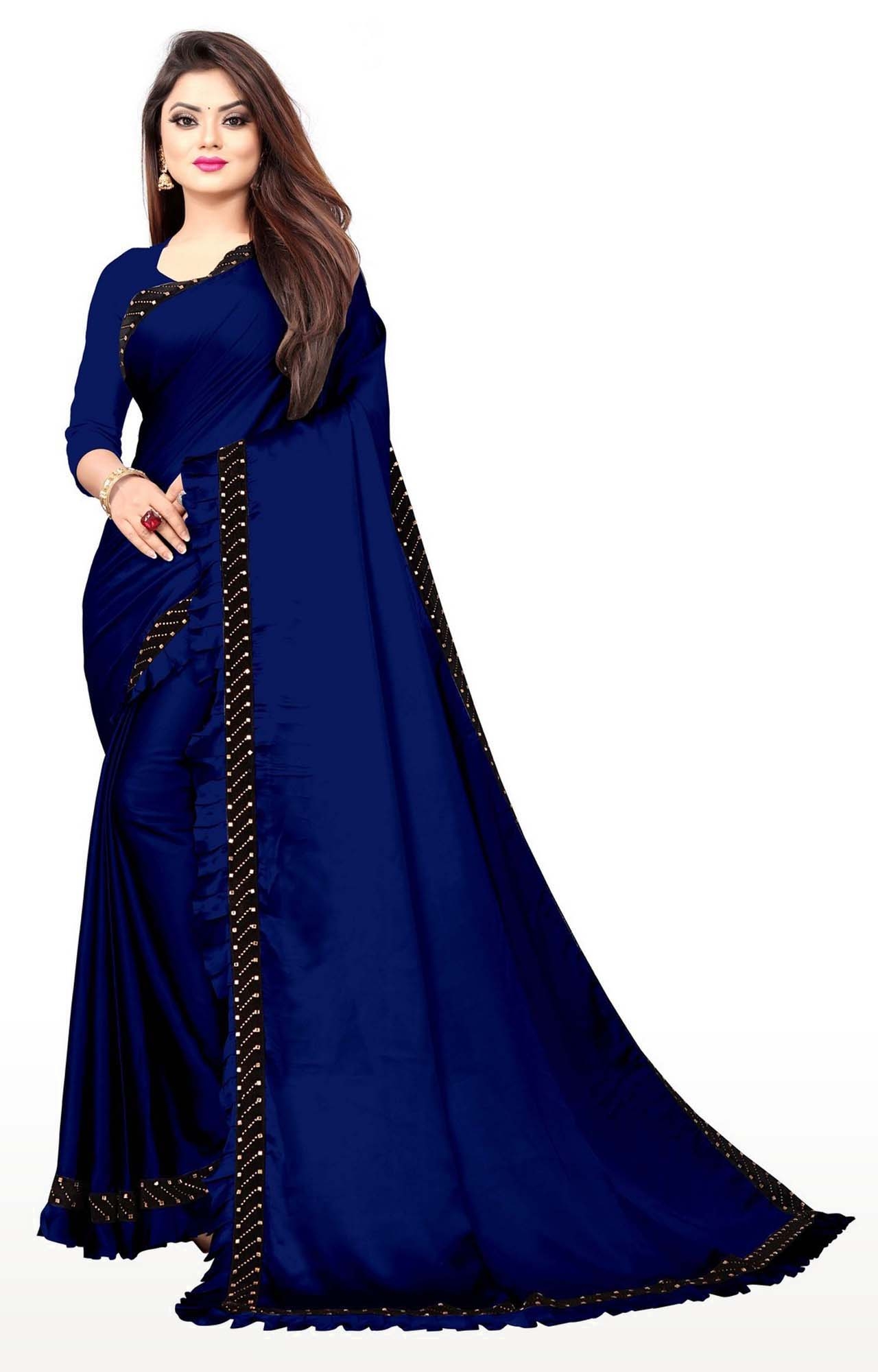 AWRIYA | Awriya Women's Silk Ruffle Saree With Diamond Work - Pencil Navy Blue