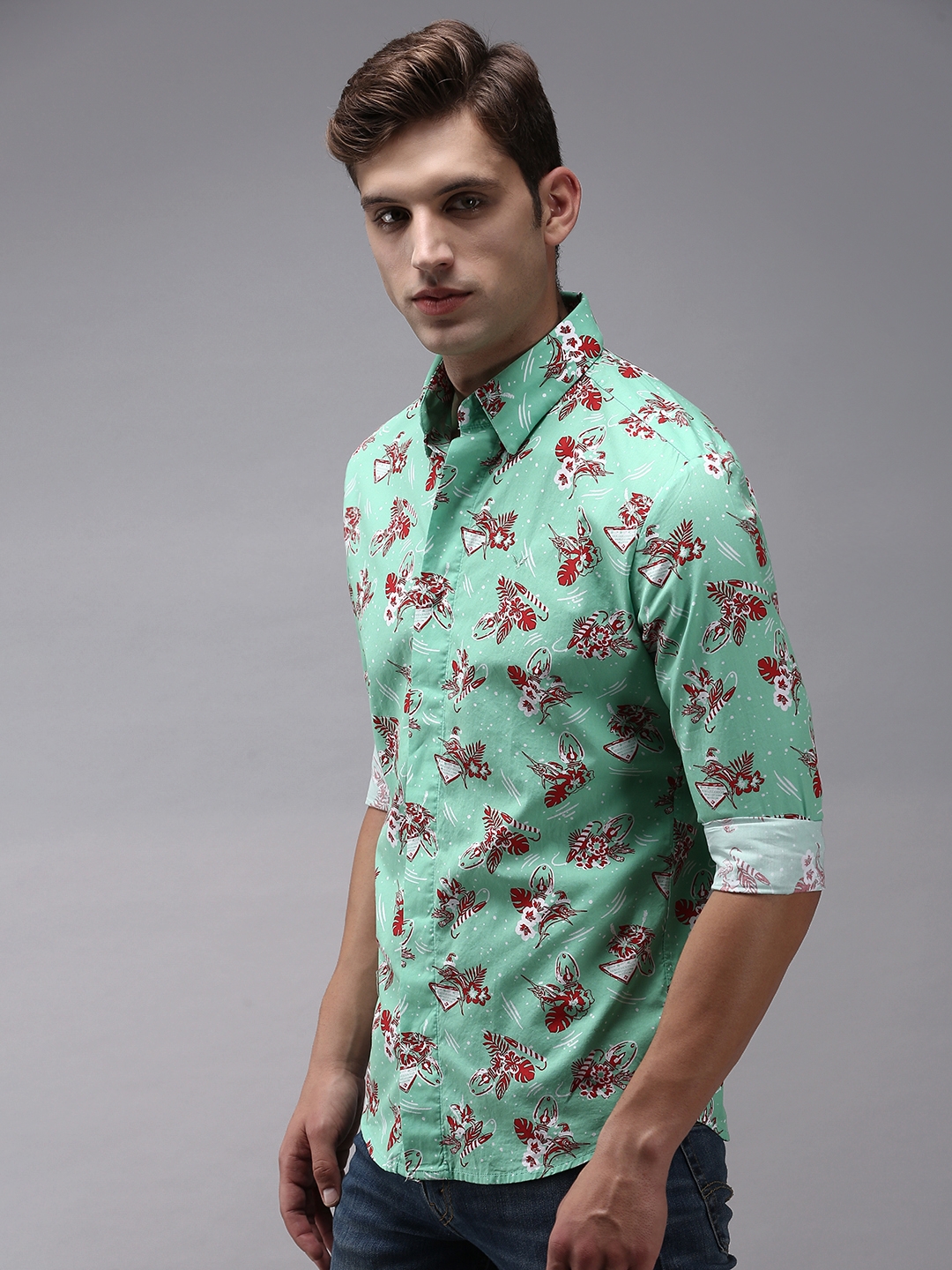 Men's Green Cotton Printed Casual Shirts