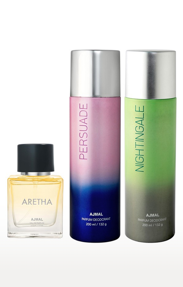 Ajmal PERSUADE DEODORANT 200 ML for Unisex and Ajmal NIGHTINGALE DEODORANT 200 ML for Unisex and Ajmal ARETHA EDP 50 ML for Women
