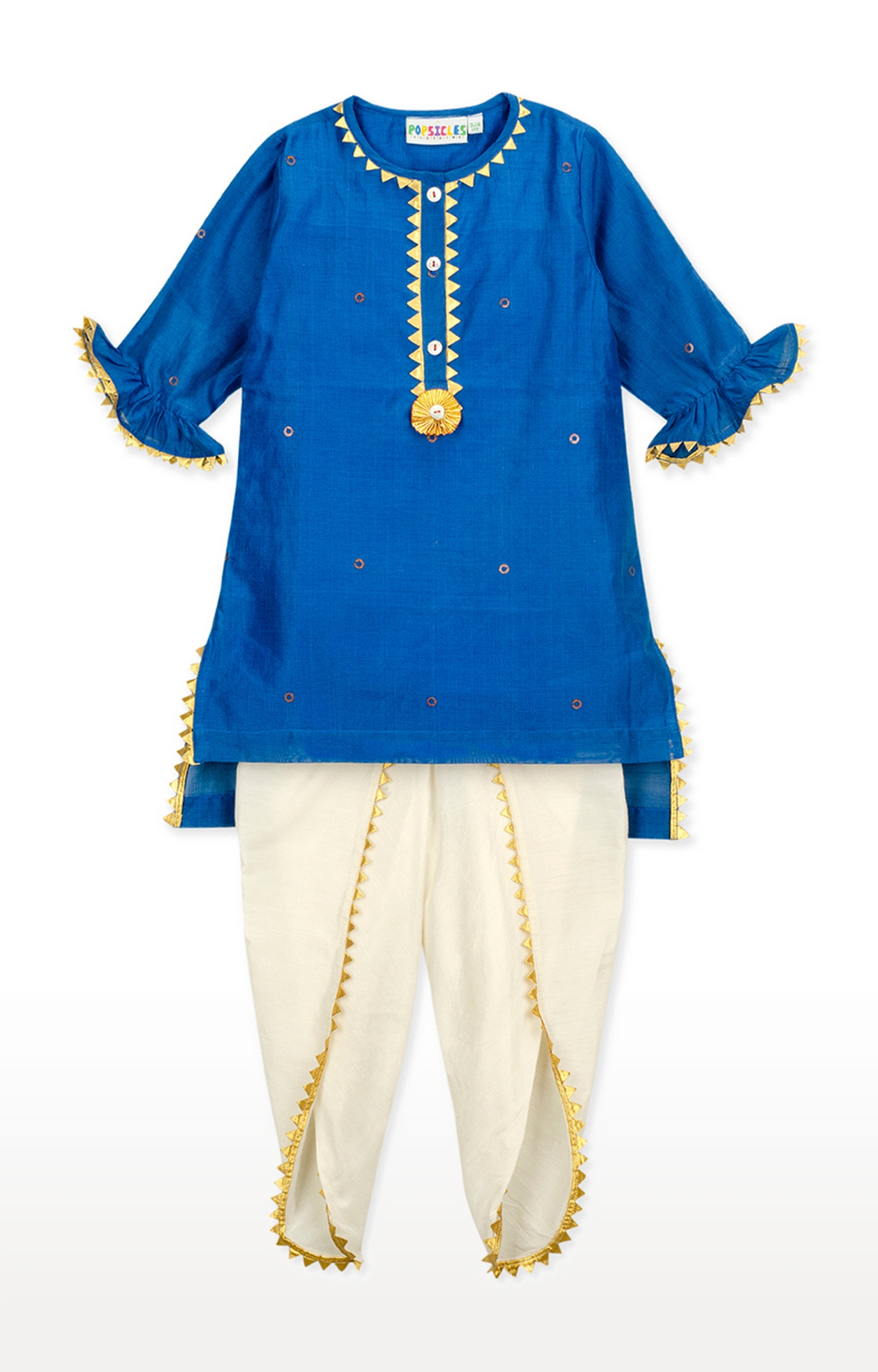 Popsicles Clothing | Popsicles Girls Chanderi Silk Lapis Dhoti Kurta Set - Blue & Off white (1-2 Years)