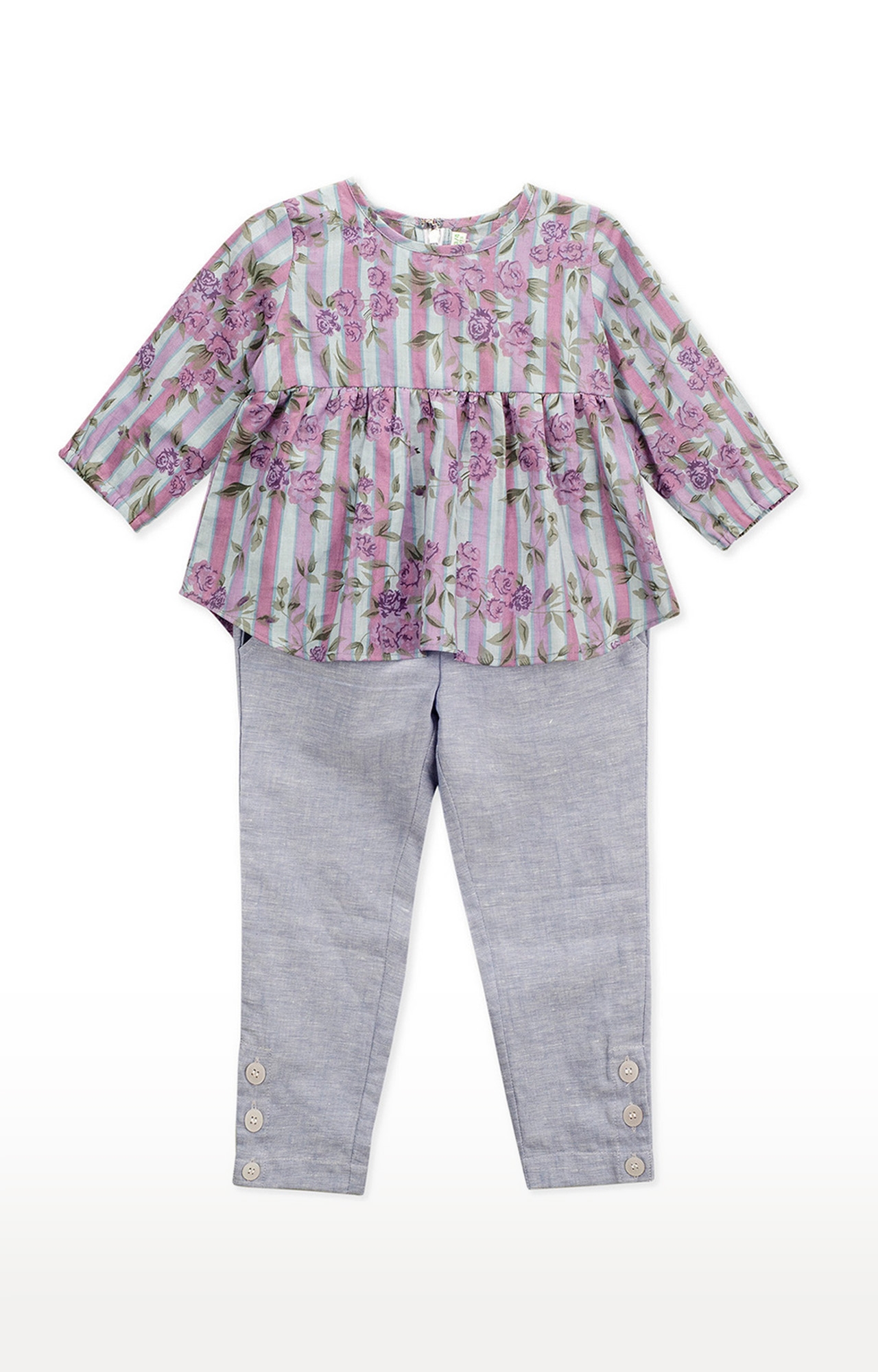 Popsicles Clothing | Popsicles Girls Cotton Linen Blossom Pant Set - Blue