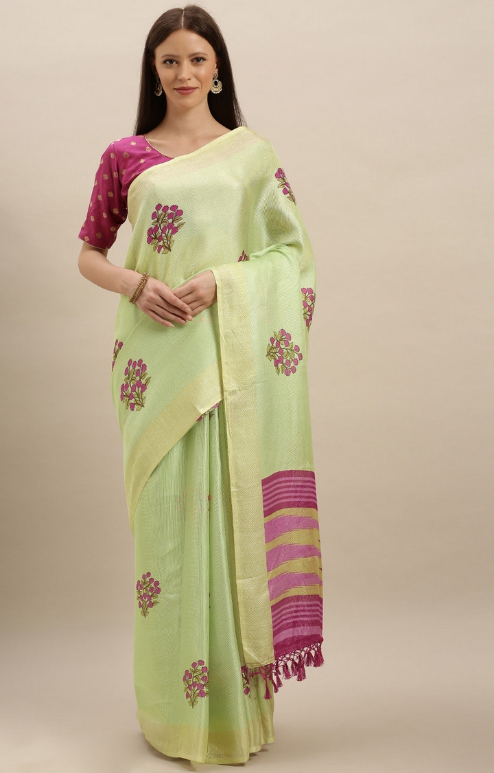 Vastranand | VASTRANAND  Lime Green & Purple Jute Printed Khadi Saree