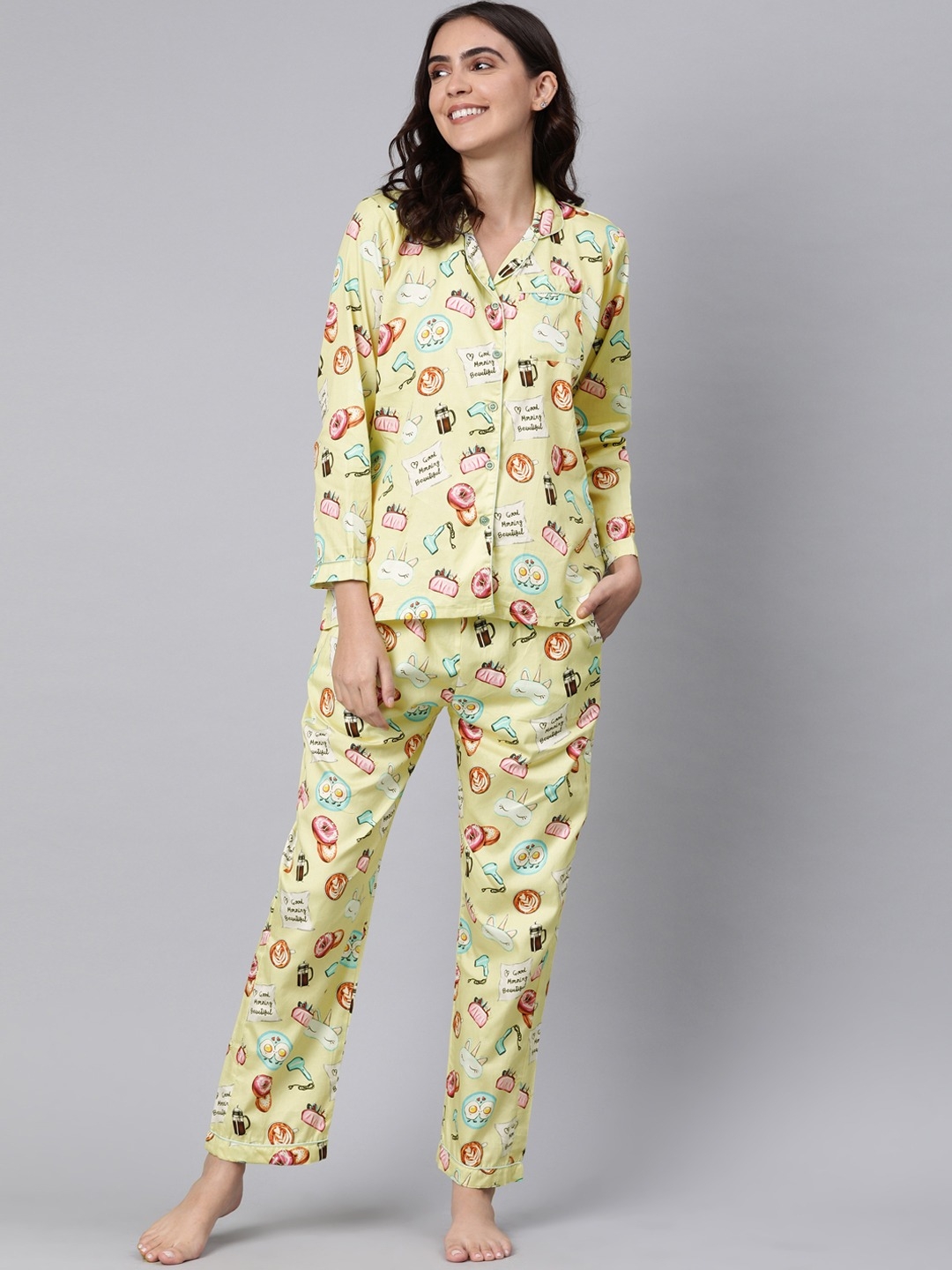Pyjama Party | Pyjama Party Women Yellow Printed Night Suit