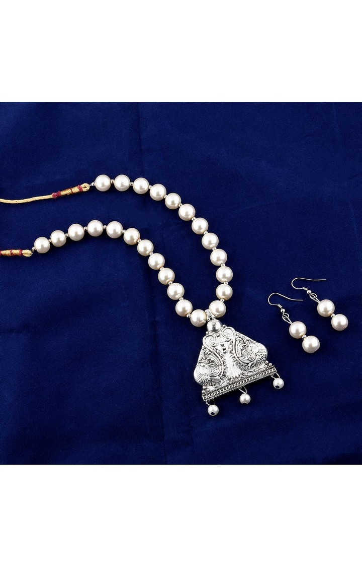 Paola Jewels | Paola Elegant Oxidised Pendant White Pearl Jewellery set for Women