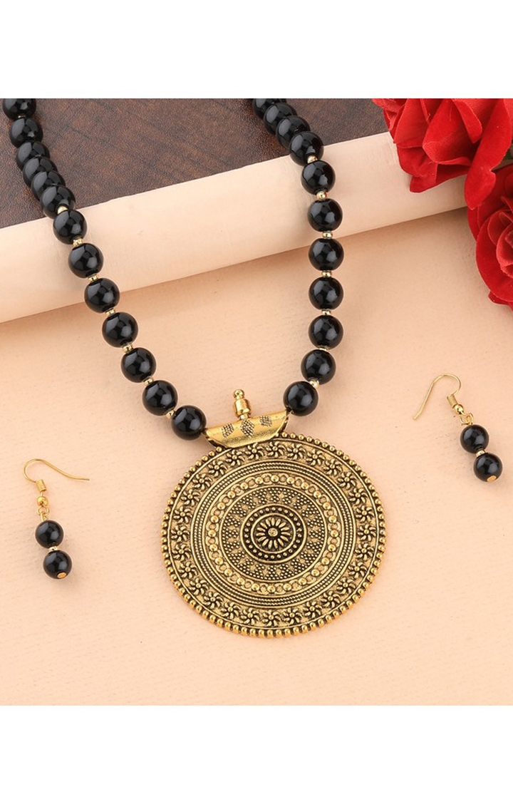 Paola Jewels | Paola Designer Gold Oxidised Traditional Big Pendant Black Pearl mala set for Women girl