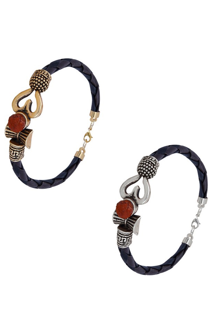 Paola Jewels | Paola Rudraksha OM Trishul Damroo Designer Oxidized Silver Bahubali Kada Bracelet Unisex Bracelets for Men & Women set 2